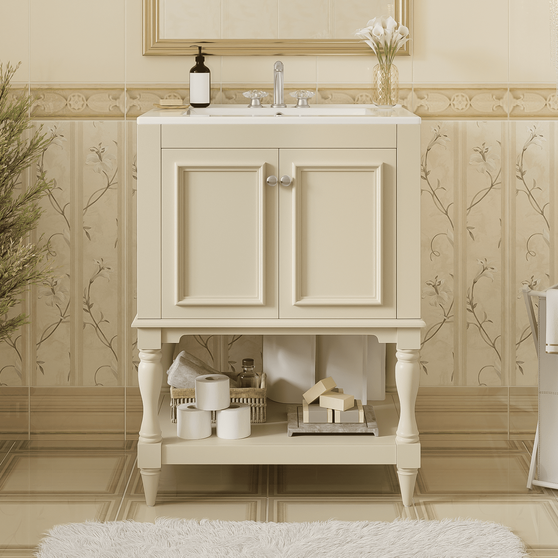Harper & Bright Designs 24" Free Standing Single Basin Vanity Set, Bathroom Vanity with Sink Combo with Open Shelf, Bathroom Sink Storage Cabinet for Small Space, Beige