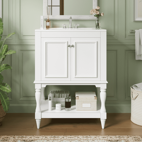 Harper & Bright Designs 24" Free Standing Single Basin Vanity Set, Bathroom Vanity with Sink Combo with Open Shelf, Bathroom Sink Storage Cabinet for Small Space, White