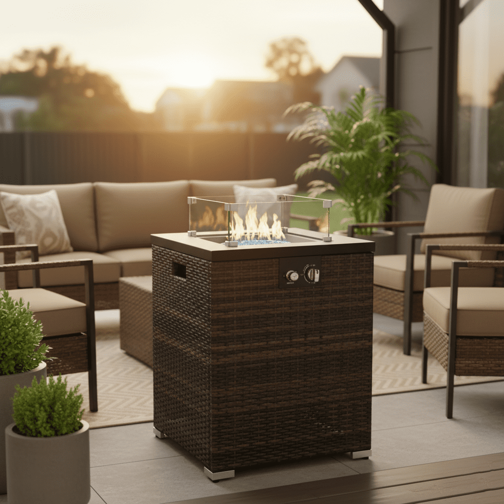 Harper & Bright Designs 24" Patio Steel Propane Fire Pit Table, 50000 BTU, Outdoor Square Gas Fire Pit with Glass Wind Guard, Wicker Firepit with Lid and Rain Cover for Garden Courtyard, Dark Brown
