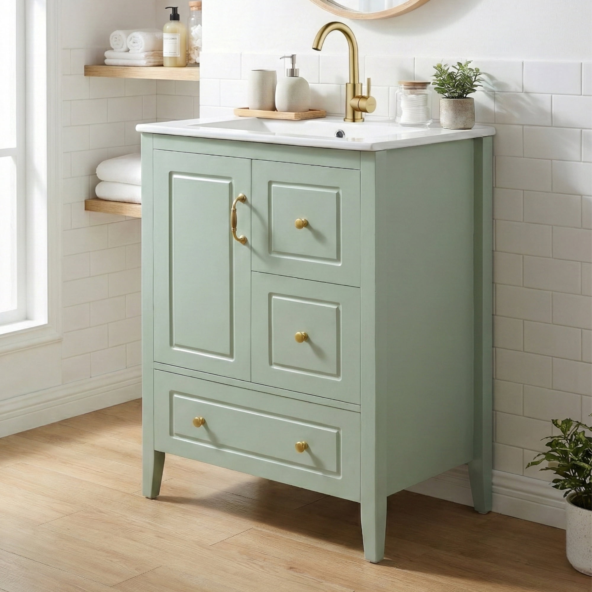 Harper & Bright Designs 24" Retro Bathroom Vanity with Sink, Modern Sink Bathroom Vanity with Soft-closing Door & Drawers, Freestanding Bathroom Storage Cabinet with Ceramic Basin, Light Green