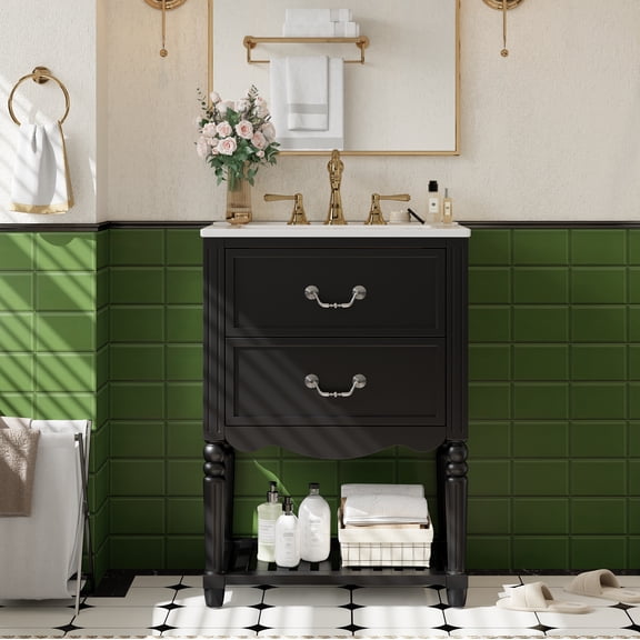 Harper & Bright Designs 24" Retro Single Basin Vanity Set, Bathroom Vanity with Sink Combo with Drawers & Open Shelf, Bathroom Sink Storage Cabinet for Small Space, Vintage Elegant Wave Design, Black