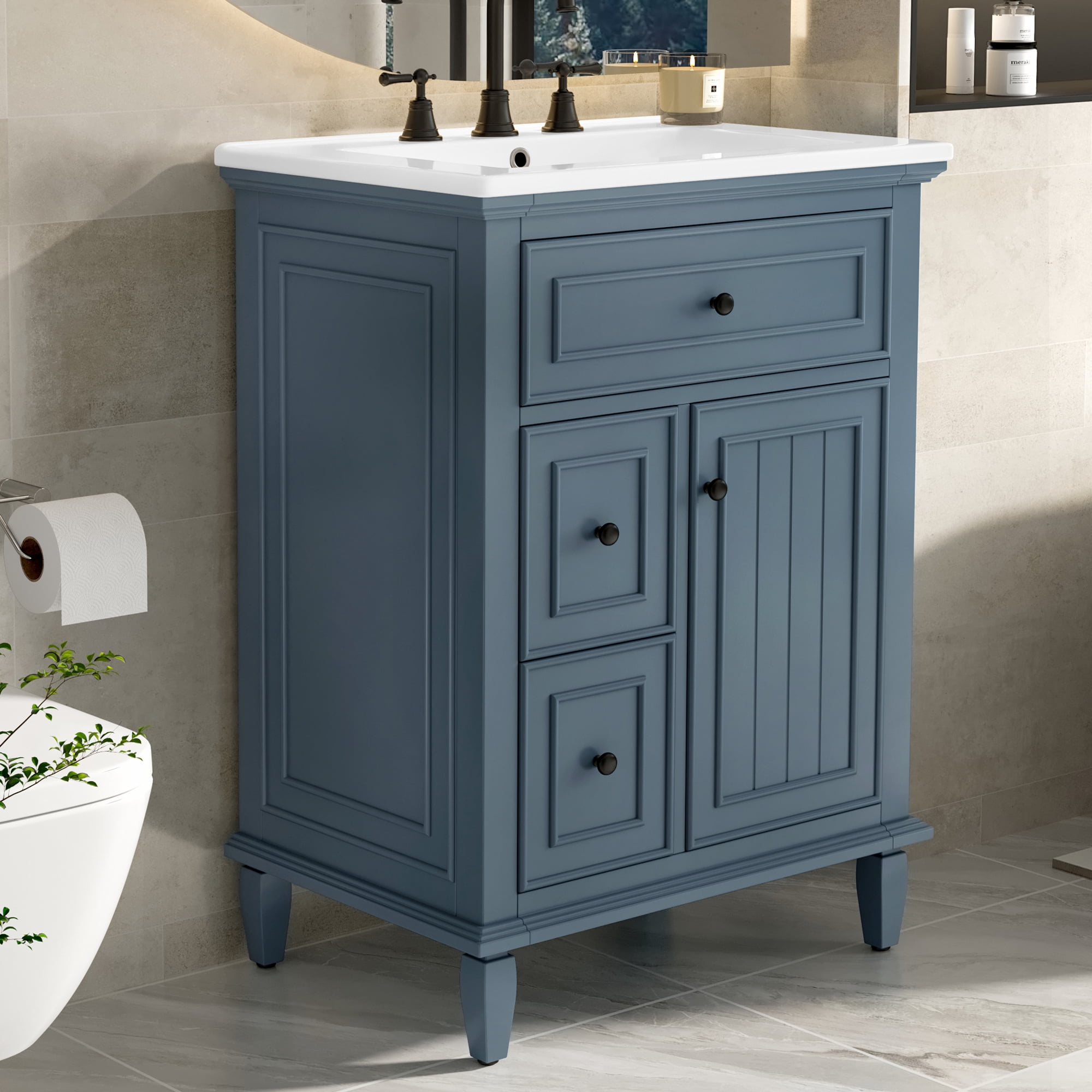 Harper & Bright Designs 24" Small Bathroom Vanity with Sink, Bathroom Cabinet Freestanding with Drawers, Modern Bathroom Floor Cabinet with Adjustable Shelf for Small Space, Blue Gray