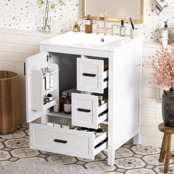 Harper & Bright Designs 24" Small Bathroom Vanity with Sink, Bathroom Cabinet Freestanding with Drawers, Single Sink Bathroom Vanity with Shelf for Small Space, White