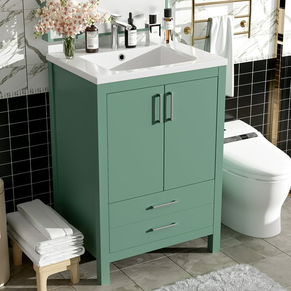 Harper & Bright Designs 24" Small Bathroom Vanity with Sink, Bathroom Storage Cabinet with Drawers and Soft Closing Doors, Single Sink Bathroom Vanity, Green