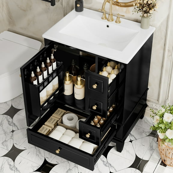 Harper & Bright Designs 24" Small Bathroom Vanity with Sink, Black Bathroom Cabinet Freestanding with Drawers, Modern Bathroom Storage Cabinet with Shelves for Small Space