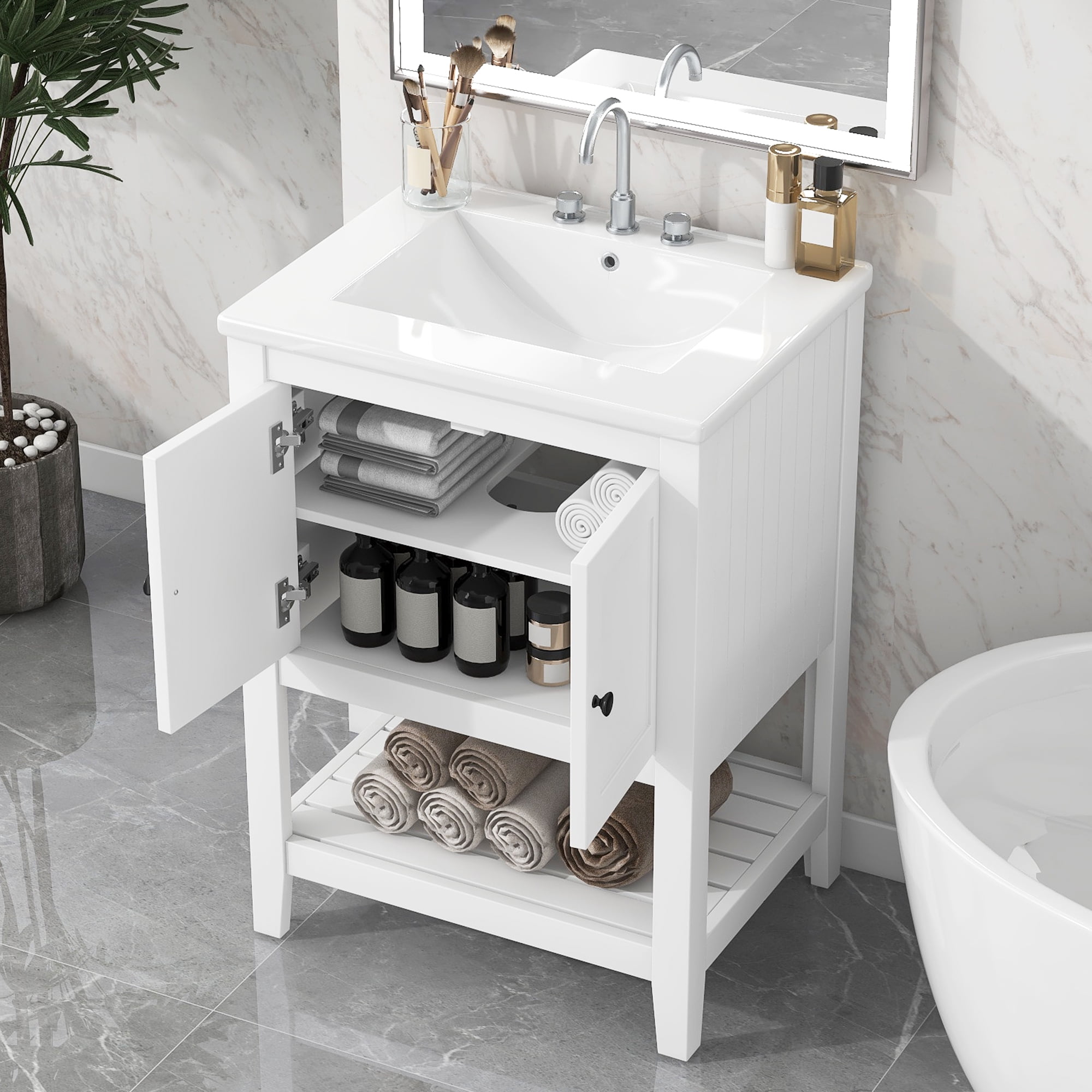 Harper & Bright Designs 24" Small Bathroom Vanity Sink Combo with Storage , Wood Bathroom Floor Cabinet with Open Shelf, White
