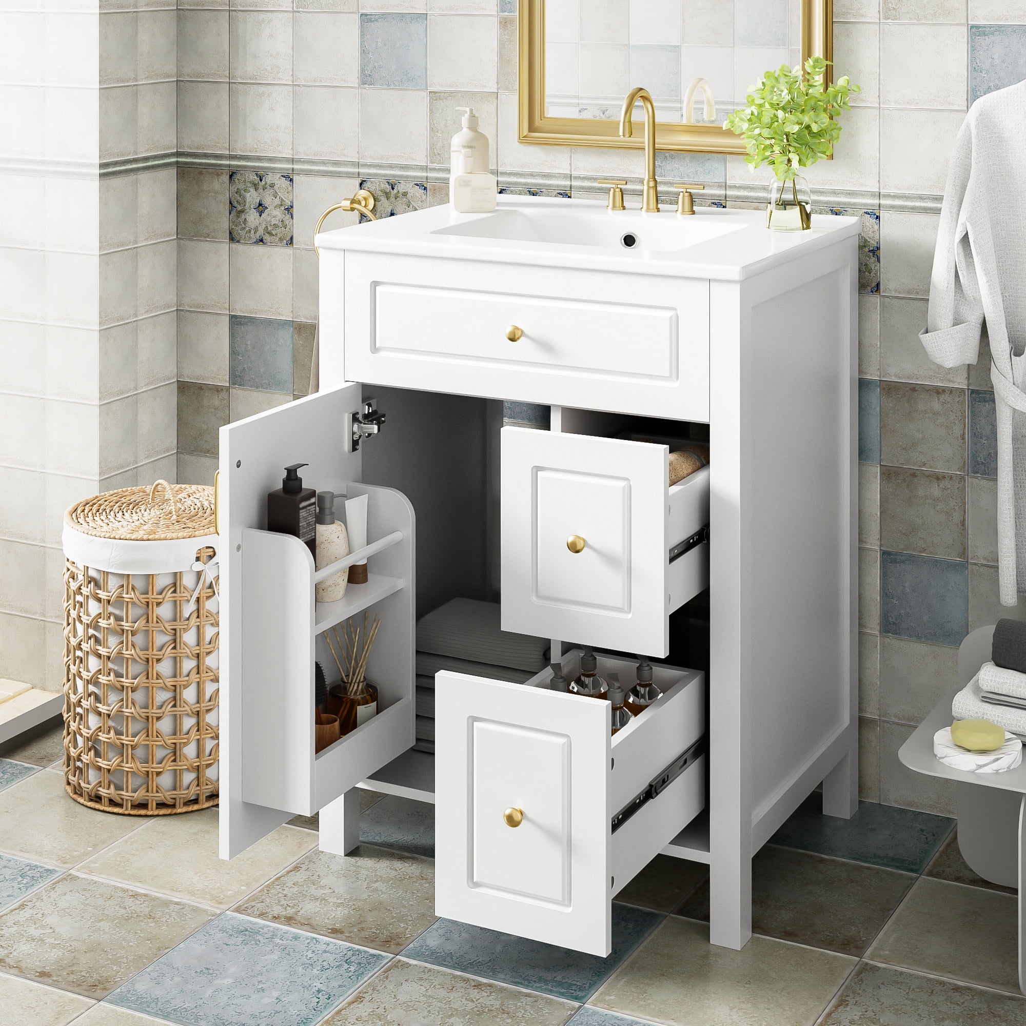 Harper & Bright Designs 24" Small Bathroom Vanity with Sink, Modern Bathroom Cabinet Freestanding with Drawers, Wood Bathroom Storage Cabinet with Racks for Small Space, White