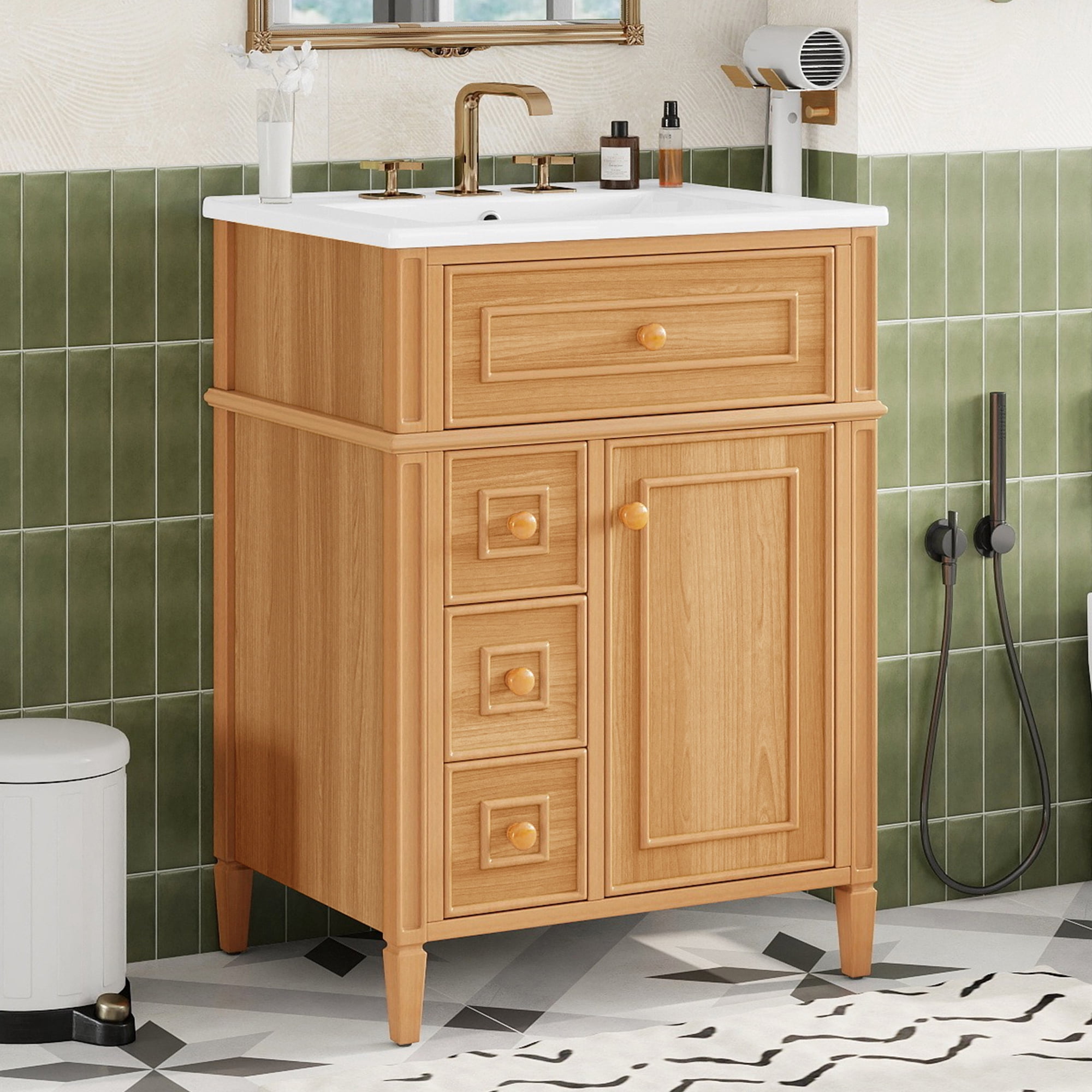 Harper & Bright Designs 24" Small Bathroom Vanity with Sink Top, Free Standing Single Basin Vanity Set with Flip-Out Drawer, 2 Soft-Close Drawers, 1 Soft-Close Door, Solid Wood & MDF, Wood