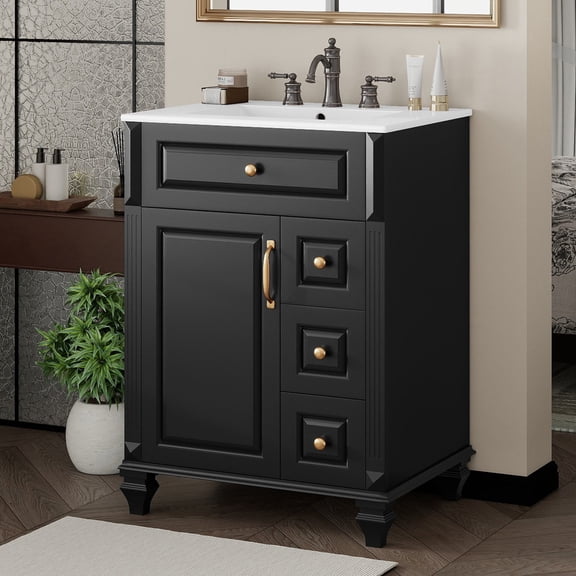 Harper & Bright Designs 24" Small Bathroom Vanity with Sink Top, Free Standing Single Basin Vanity Set with Flip-Out Drawer, 3 Drawers & Storage Cabinet, Solid Wood & MDF, Black