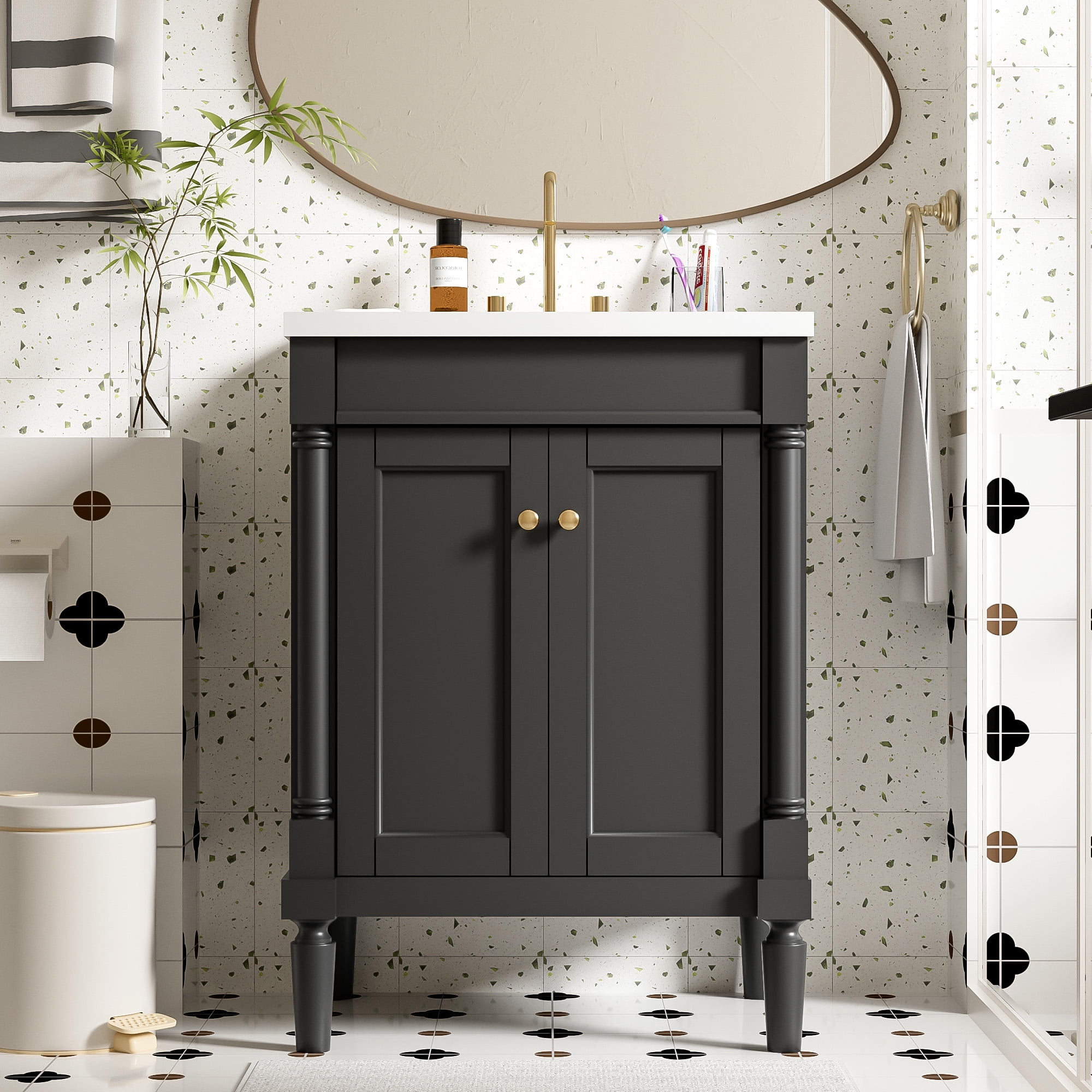 Harper & Bright Designs 24" Small Bathroom Vanity with Sink, Bathroom Storage Cabinet with 2-Tier Shelves, Black