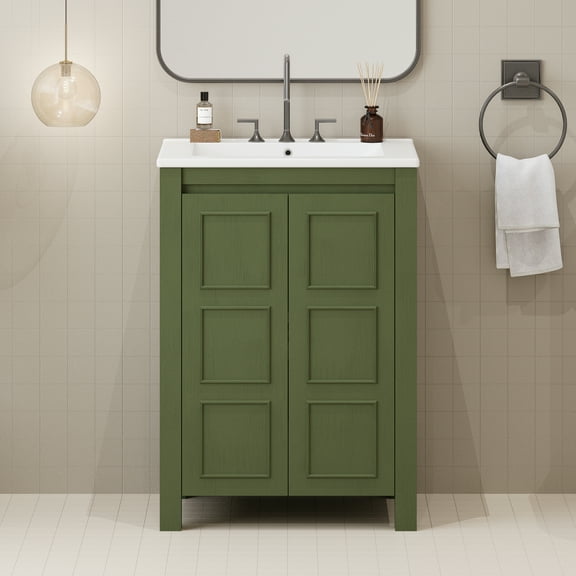 Harper & Bright Designs 24" Small Bathroom Vanity with Soft-close Doors with Adjustable Shelf, Olive Green