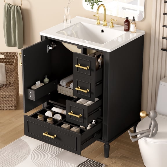 Harper & Bright Designs 24 inch Bathroom Vanity with Sink Combo, Free-Standing Single Storage Cabinet with 3 Drawers, One Door & Storage Rack, MDF and Solid Wood Vanity with Ceramic Basin, Black