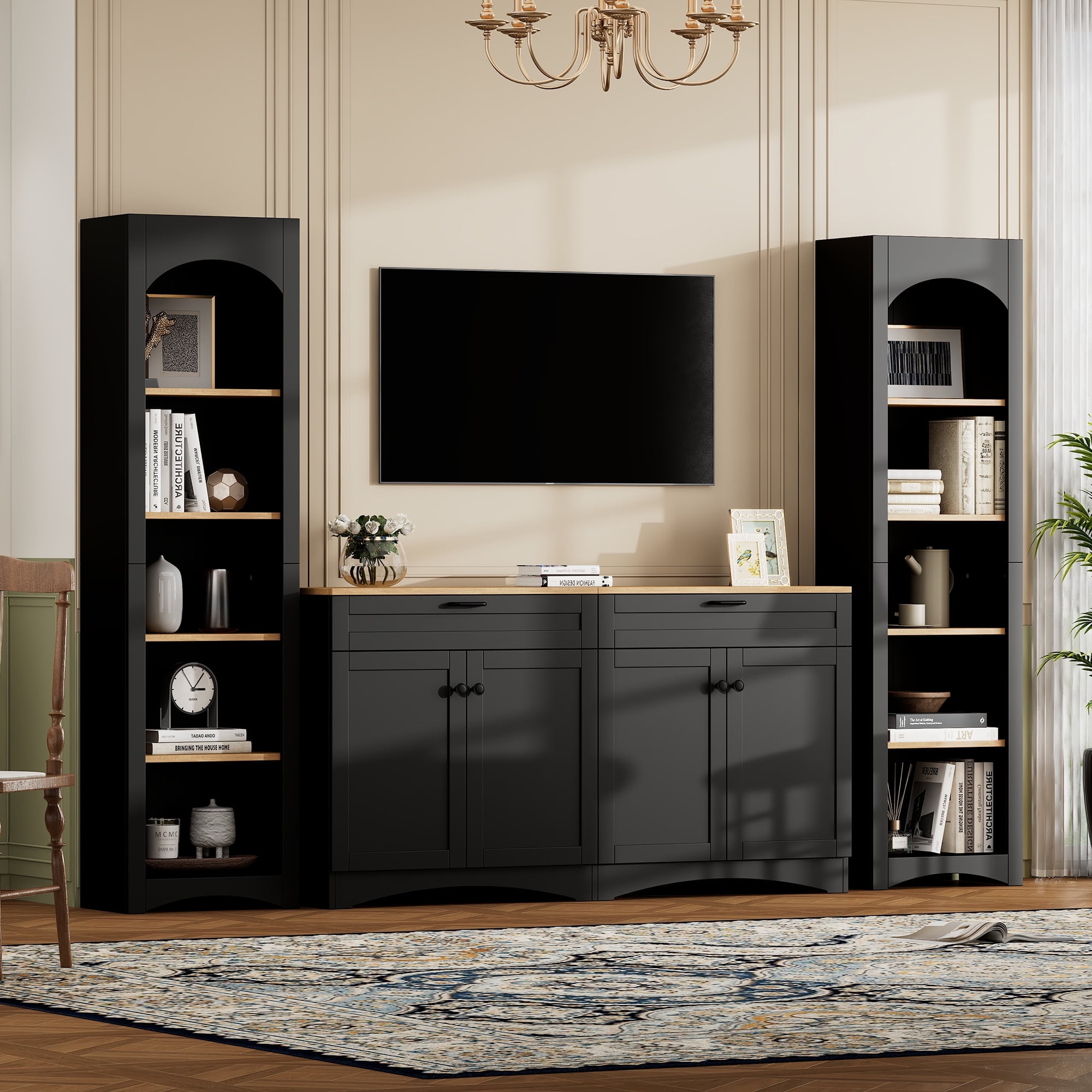 Harper & Bright Designs 3-Piece Wooden TV Stand Set with Bookshelf for 70 inch TV, TV Storage Cabinet with Adjustable Shelves, Mid-Century Entertainment Center Console Table for Living Room, Black
