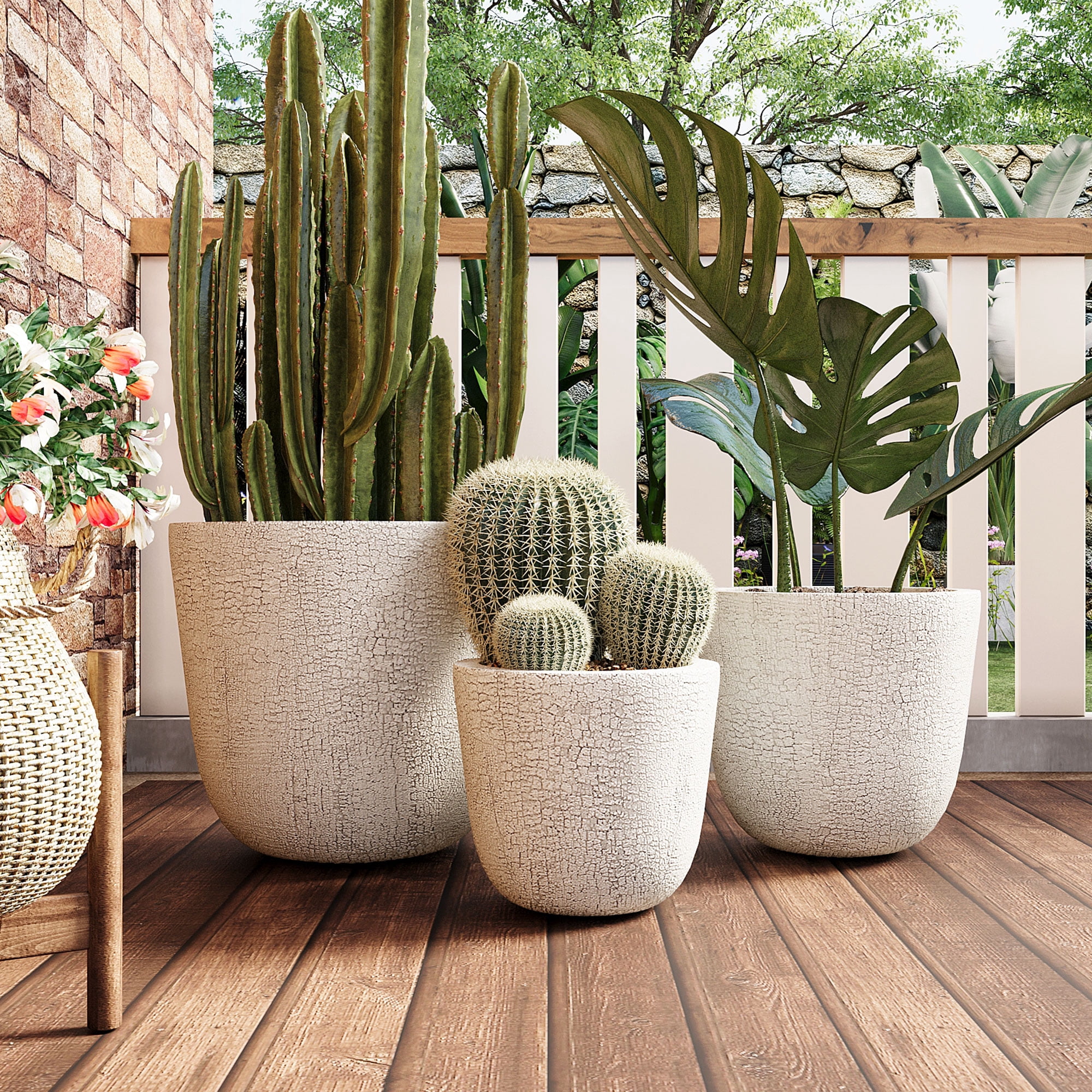 Harper & Bright Designs 3 Pieces Outdoor Concrete Planter Set, Patio Flower Pots Stone-Look Textured with Drainage Holes and Rubber Plug for Garden Poolside, Beige