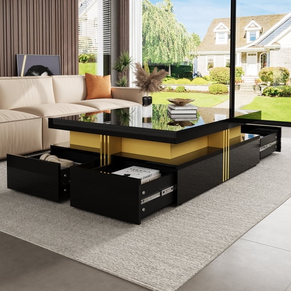 Harper & Bright Designs Modern Faux Marble Coffee Table with Storage, Wood Square Center Table with 4 Drawers and Suspended Base, Black 43.3"