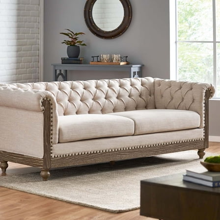 Harper & Bright Designs 3-Seat Chesterfield Sofa with Rolled Arms, Upholstered Mid-Century Loveseat Sofa with Padded Seat, Button Tufted Sofa with Nailhead Trim, Beige