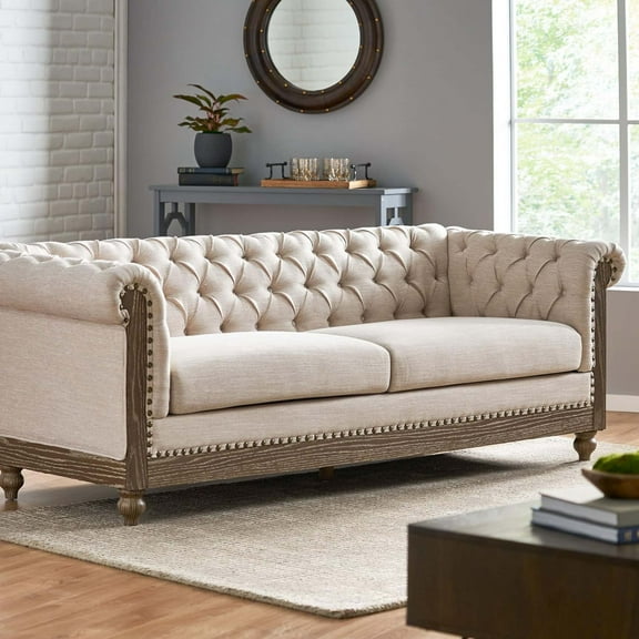 Harper & Bright Designs 3-Seat Chesterfield Sofa with Rolled Arms, Upholstered Mid-Century Loveseat Sofa with Padded Seat, Button Tufted Sofa with Nailhead Trim, Beige