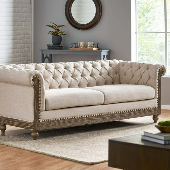 Harper & Bright Designs 3-Seat Chesterfield Sofa with Rolled Arms, Upholstered Mid-Century Loveseat Sofa with Padded Seat, Button Tufted Sofa with Nailhead Trim, Beige
