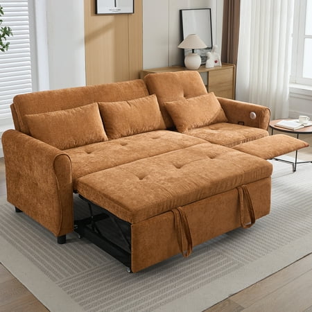 Harper & Bright Designs 3 Seater Sectional Sofa with Pull Out Bed, Convertible Sofa Sleeper with Reversible Recliner for Small Space Apartment, Orange