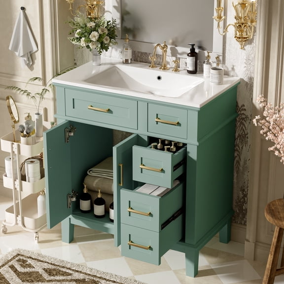 Harper & Bright Designs 30" Bathroom Vanity with Ceramic Sink, Free Standing Single Basin Vanity Set with Soft-Close Doors and Deep Drawer & Standard Drawer, Light Green