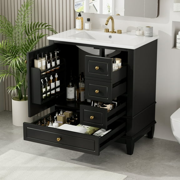Harper & Bright Designs 30" Bathroom Vanity Sink Combo, Bathroom storage Cabinet with Drawers and Shelf, Single Sink Bathroom Vanity, Black