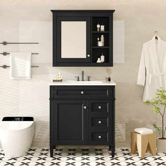 Harper & Bright Designs 30" Bathroom Vanity with Sink, Bathroom storage Cabinet with Drawers and Mirror, Bathroom Mirror Cabinet, Black