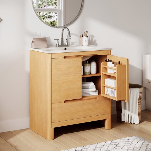 Harper & Bright Designs 30" Freestanding Bathroom Vanity Cabinet with Sink, Bathroom Sink Storage Cabinet with Soft-Close Doors & Drawer, Adjustable Shelf, Single Sink Bathroom Vanity Set, Oak