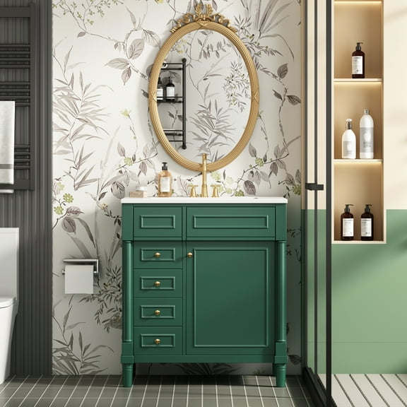 Harper & Bright Designs 30" Green Bathroom Vanity Sink Combo with Storage, Wood Bathroom Cabinet with Drawers and Soft Closing Doors