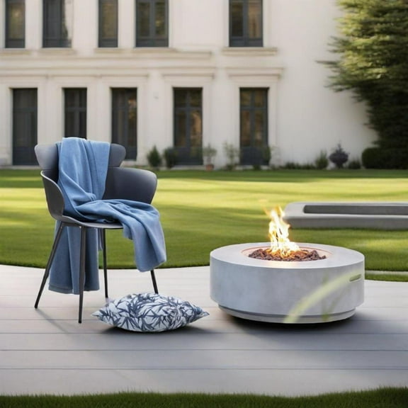 Harper & Bright Designs 30" Outdoor MGO Propane Fire Pit Table, 50000 BTU, Patio Round Gas Fire Pit with Lava Rocks, Concrete Firepit with Rain Cover for Garden Courtyard, Light Gray