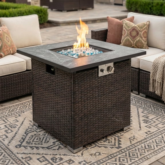 Harper & Bright Designs 30" Patio Propane Gas Fire Pit Table, 50000 BTU, Outdoor Rectangular Steel Fire Pit with Glass Windshield, Wicker Firepit with Rain Cover for Garden Courtyard, Espresso