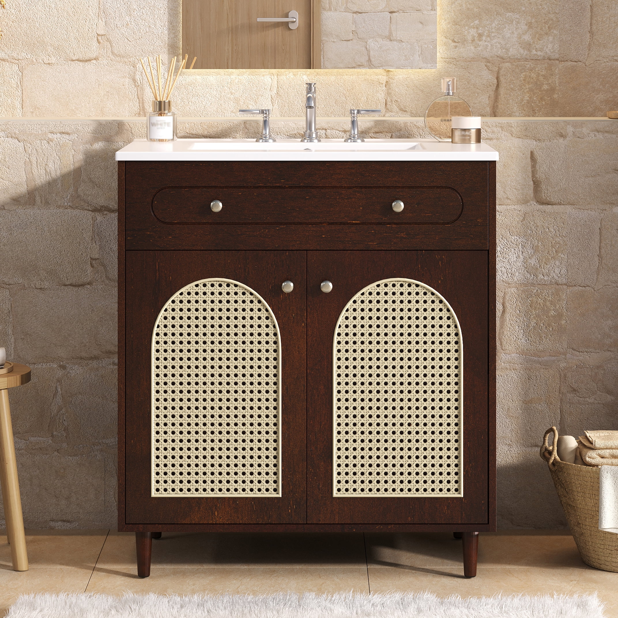Harper & Bright Designs 30" Rattan Bathroom Vanity with Sink, Single Sink Bathroom Vanity with Tip-Out Drawe and Adjustable Shelf, Freestanding Bathroom Storage Cabinet with Ceramic Basin, Walnut