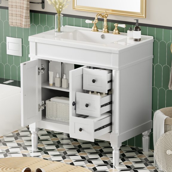Harper & Bright Designs 30" Retro Bathroom Vanity Cabinet with Sink Combo Set, Free Standing Single Basin Vanity Set with 2 Door and 3 Drawers, Bathroom Sink Storage Cabinet, White