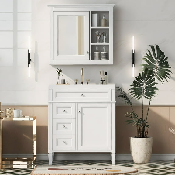 Harper & Bright Designs 30" White Bathroom Vanity with Sink, Bathroom Mirror Cabinet, Bathroom Floor Cabinet with Drawers and Doors