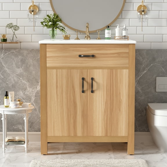 Harper & Bright Designs 30" Wood Bathroom Vanity with Sink, Bathroom Cabinet Freestanding with Flip Drawer, Modern Bathroom Cabinet Freestanding with Adjustable Shelf, Acacia Wood