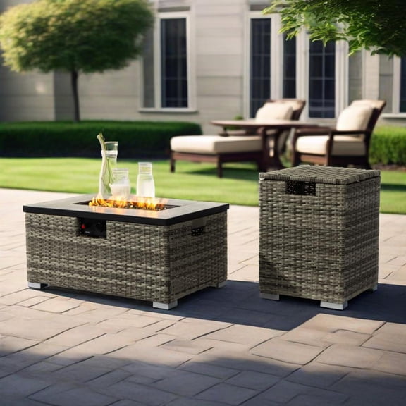 Harper & Bright Designs 32" Patio 2 Pieces Propane Fire Pit, Steel Gas Fire Pit with Tank Cover, 50000 BTU, Wicker Rectangular Fire Pit with Rain Cover for Outdoor, Beige