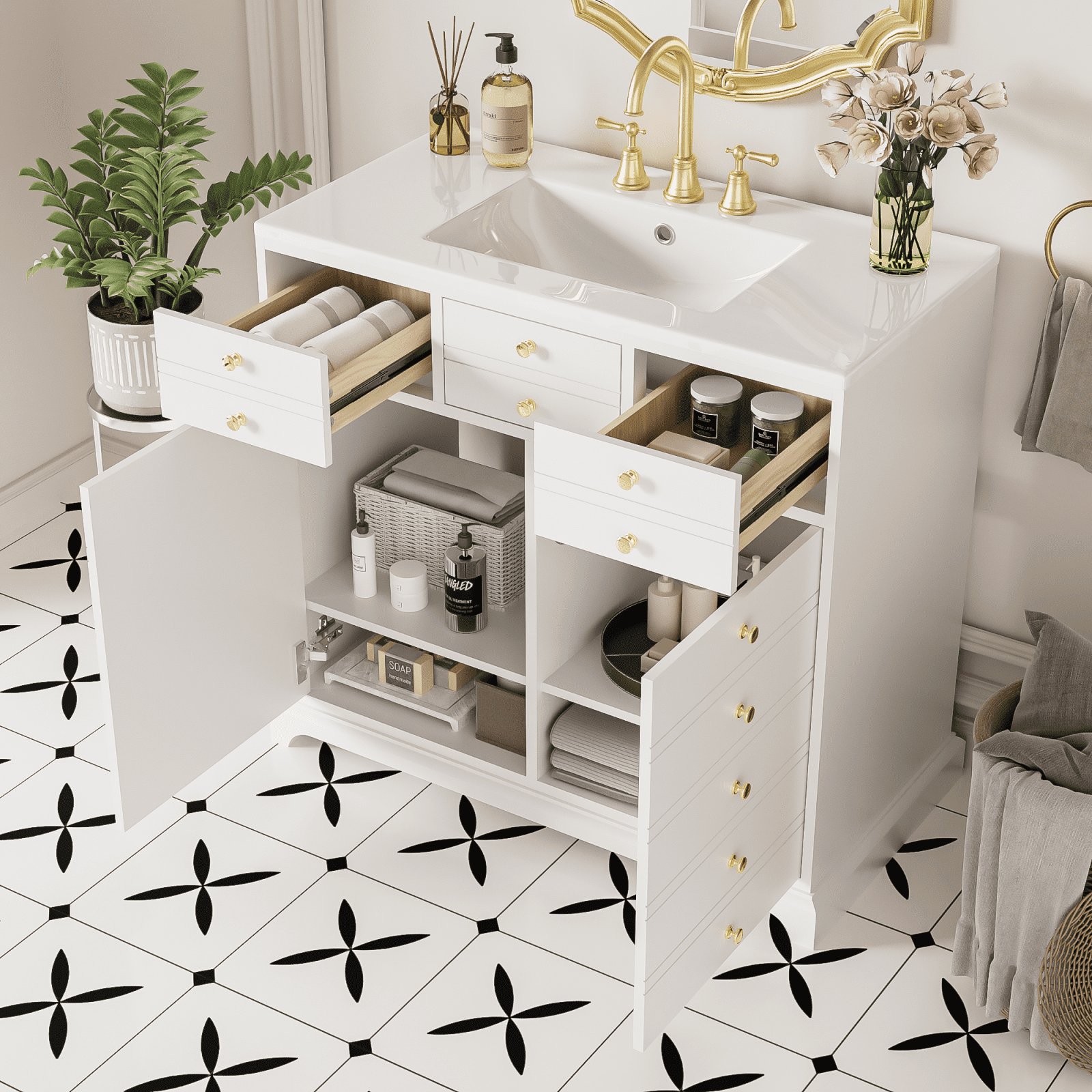 Harper & Bright Designs 36" Bathroom Vanity with Sink, Bathroom Storage Cabinet with Drawers, Single Sink Bathroom Vanity with Soft Closing Doors, White