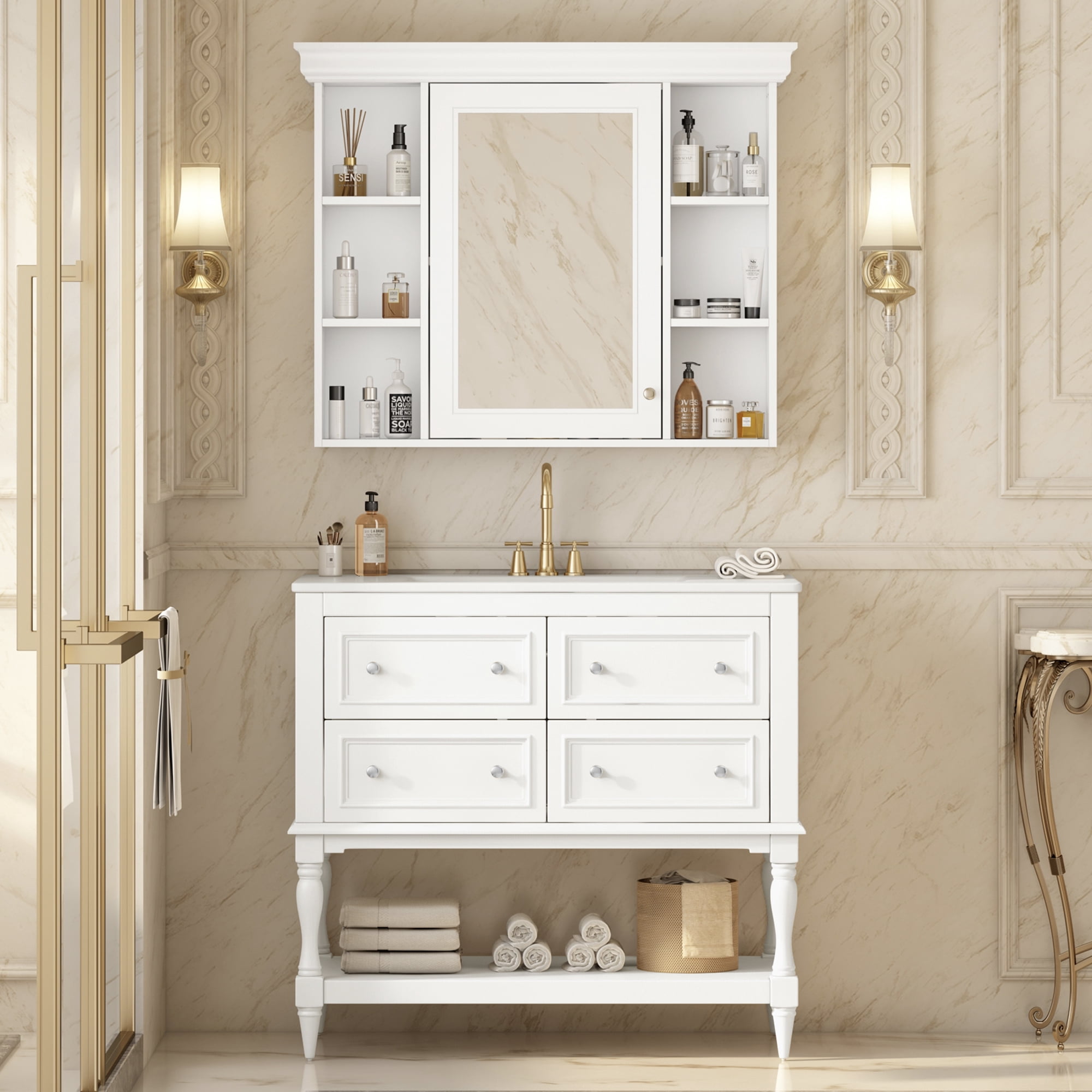 Harper & Bright Designs 36" Bathroom Vanity Sink Combo, Bathroom Mirror Cabinet with Adjustable Shelf, Bathroom storage Cabinet with Drawers, White