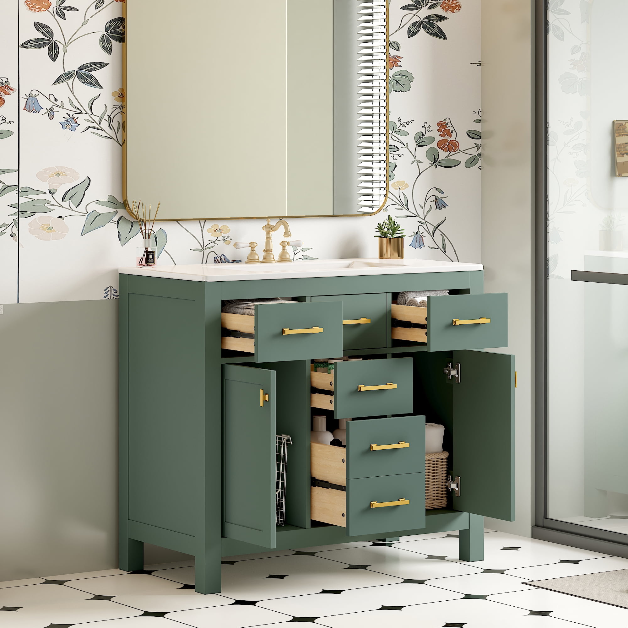 Harper & Bright Designs 36" Bathroom Vanity Sink Combo, Bathroom Storage Cabinet with Drawers, Single Sink Bathroom Vanity with Solid Wood Frame, Green