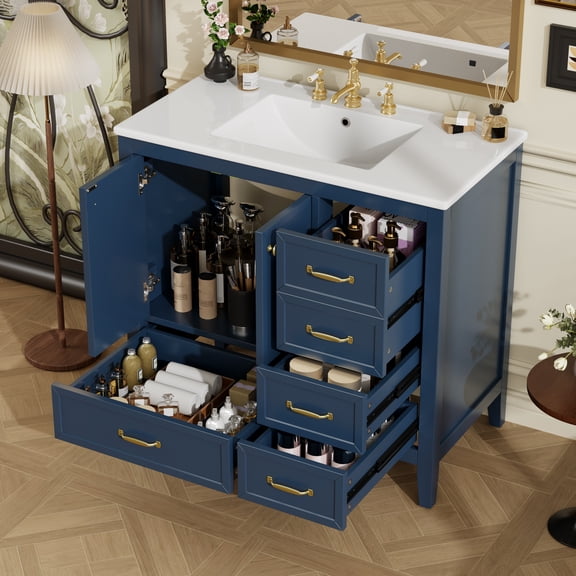 Harper & Bright Designs 36" Bathroom Vanity Sink Combo, Bathroom storage Cabinet with Drawers, Single Sink Bathroom Vanity with Soft-Closing Door, Blue