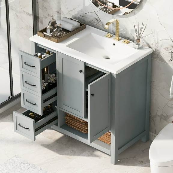 Harper & Bright Designs 36" Bathroom Vanity Sink Combo with Storage , Wood Bathroom Floor Cabinet with Drawers and Doors, Grey