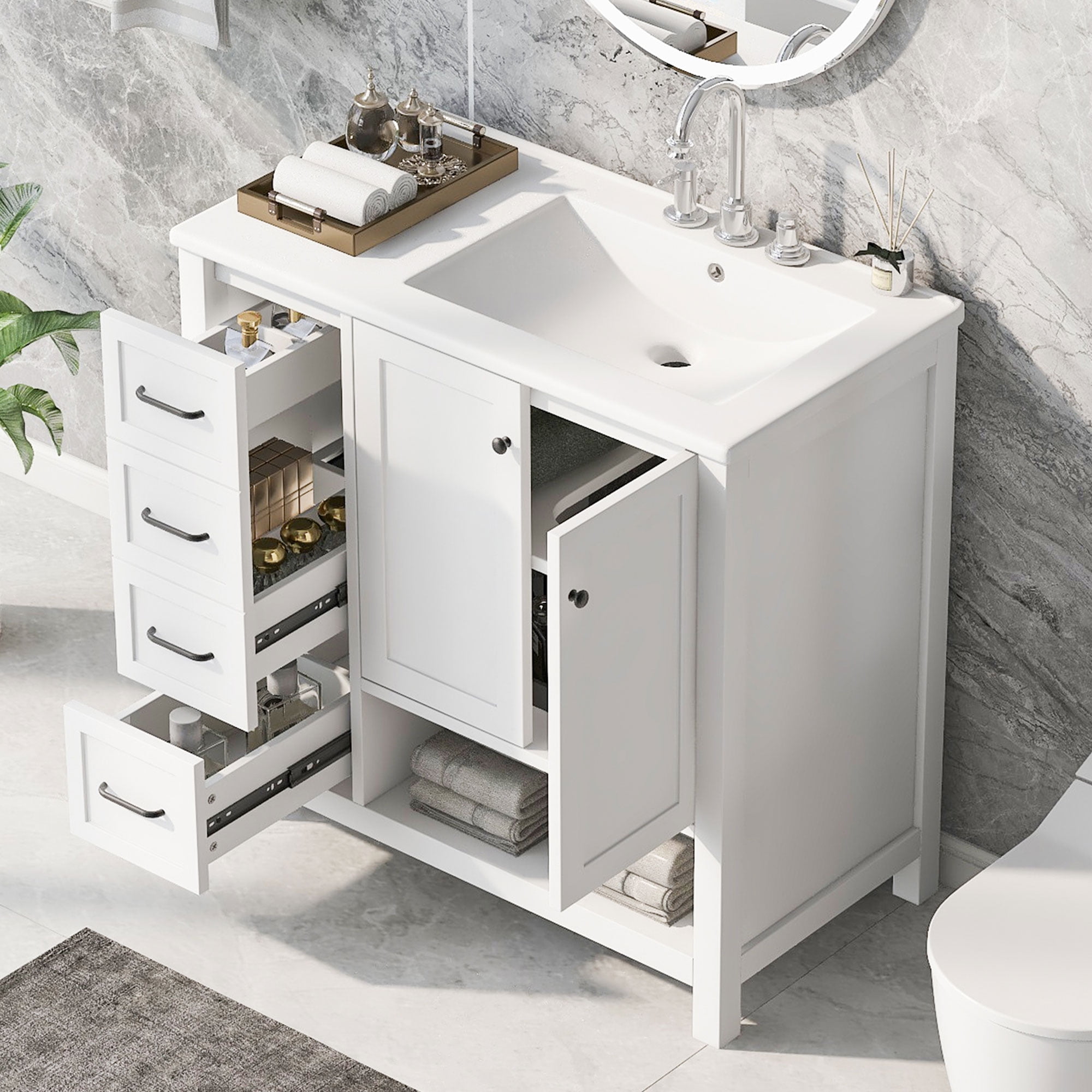 Harper & Bright Designs 36" Bathroom Vanity with Sink Top, Modern Single Sink Bathroom Vanity with Doors, Drawers and Open shelf, Freestanding Bathroom Storage Cabinet with Ceramic Basin, White