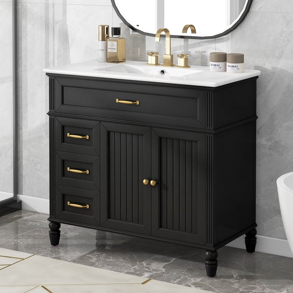 Harper & Bright Designs 36" Black Bathroom Vanity Sink Combo with Storage , Wood Bathroom Floor Cabinet with Drawers for Small Space