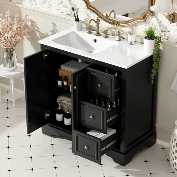 Harper & Bright Designs 36" Modern Bathroom Vanity with Sink, Bathroom Cabinet Freestanding with Drawers, Single Sink Bathroom Vanity with Adjustable Shelf, Black