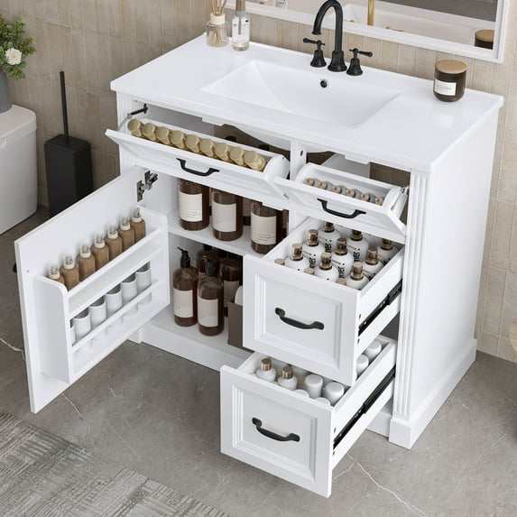 Harper & Bright Designs 36" White Bathroom Vanity with Sink, Bathroom Floor Cabinet with Drawers and Soft Closing Doors, Bathroom Cabinets Freestanding with Adjustable Shelf