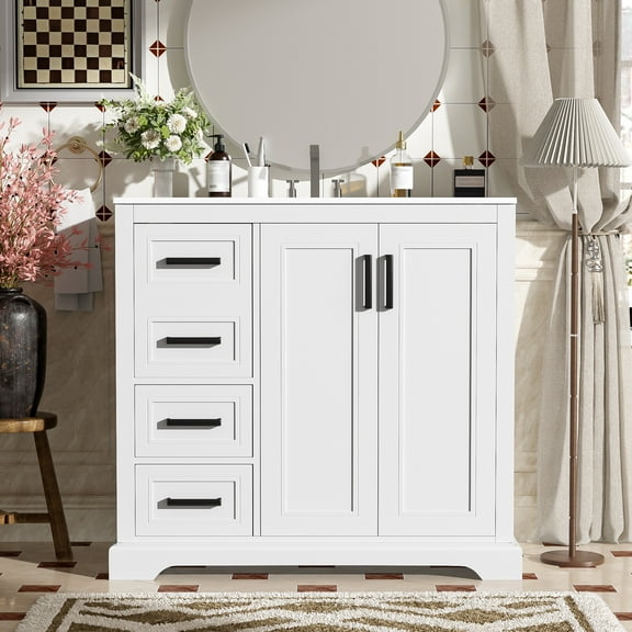Harper & Bright Designs 36" White Bathroom Vanity with Sink, Bathroom Floor Cabinet with Soft-Close Door, Adjustable Shelf & 3 Drawers