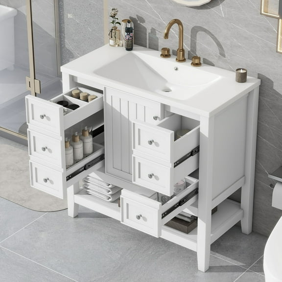 Harper & Bright Designs 36" Wood Bathroom Vanity Sink Combo with Storage , Bathroom Floor Cabinet with Drawers, White