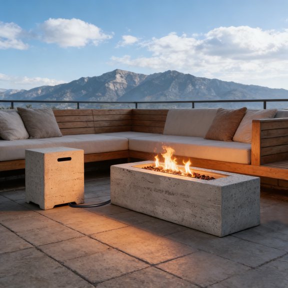 Harper & Bright Designs 42" Outdoor 2 Pieces MGO Propane Fire Pit, Patio Rectangular Gas Fire Pit with Tank Cover Table, 40000 BTU, 2 in 1 Concrete Firepit with Rain Cover for Garden Lawn, Gray