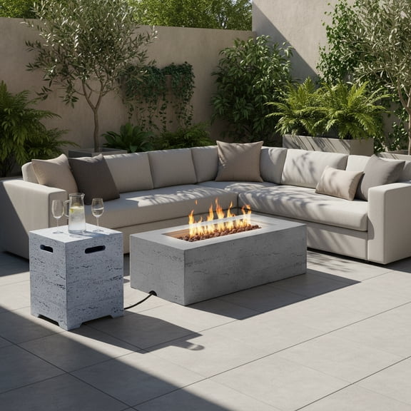 Harper & Bright Designs 42" Outdoor 2 Pieces MGO Propane Fire Pit, Patio Rectangular Gas Fire Pit with Tank Cover Table, 40000 BTU, 2 in 1 Concrete Firepit with Rain Cover for Garden Lawn, Gray