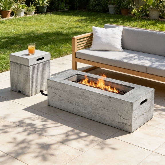 Harper & Bright Designs 42" Patio 2 Pieces MGO Propane Fire Pit, Outdoor Rectangular Gas Fire Pit with Tank Cover Table, 40000 BTU, Concrete Firepit, Lava Rocks and Rain Cover, Light Gray
