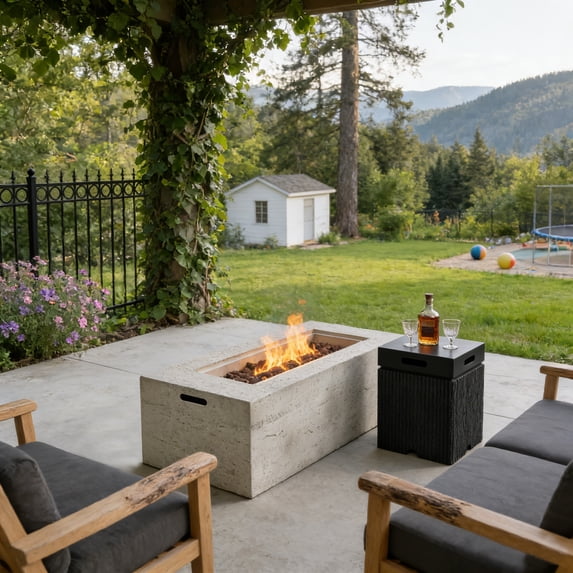 Harper & Bright Designs 42" Patio 2 Pieces MGO Propane Fire Pit, Outdoor Rectangular Gas Fire Pit with Tank Cover Table, 40000 BTU, Concrete Firepit with Lava Rocks and Rain Cover, Black & Beige